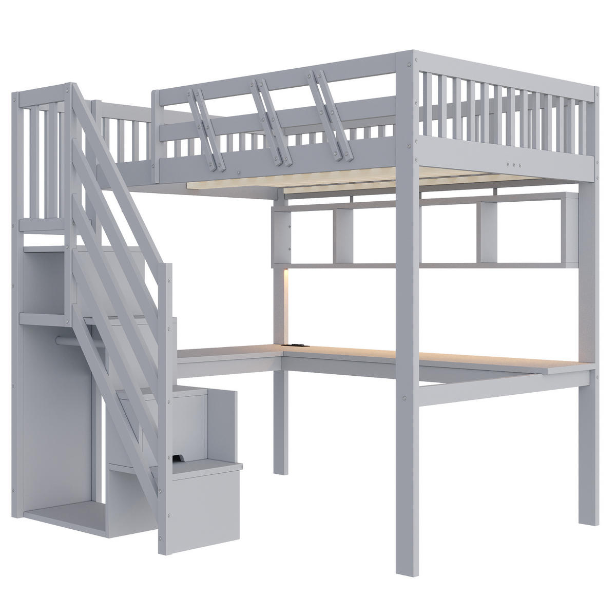 HOCHBETT 140/200 cm mit Stauraumtreppe und Schreibtisch, DE-01497, in Grau - Grau, Holzwerkstoff (140/200cm) - ComfortXL