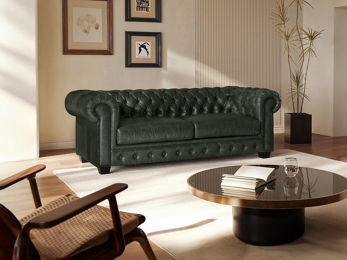 CHESTERFIELD Ledersofa 3-Sitzer - Büffelleder - Schwarzgrün - BRENTON - Grün, Leder (201/73/96cm) - Vente-Unique
