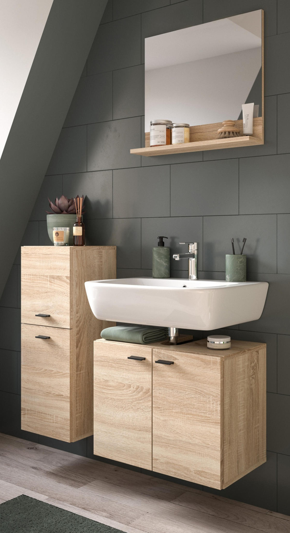 BADMÖBEL-SET Eiche 3-teilig 100 cm, Komplettset hängend oder stehend - Eichefarben, Glas/Holzwerkstoff (102/186/33cm) - Inn.Furn