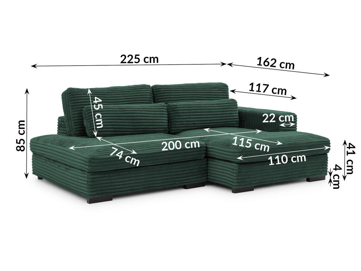 ECKSOFA Wolke mit tiefer Sitzfläche, Schlaffunktion und praktischem Bettkasten aus weichem Grün Cordstoff - Schwarz/Grün, Holz/Kunststoff (225/162cm) - S-Style