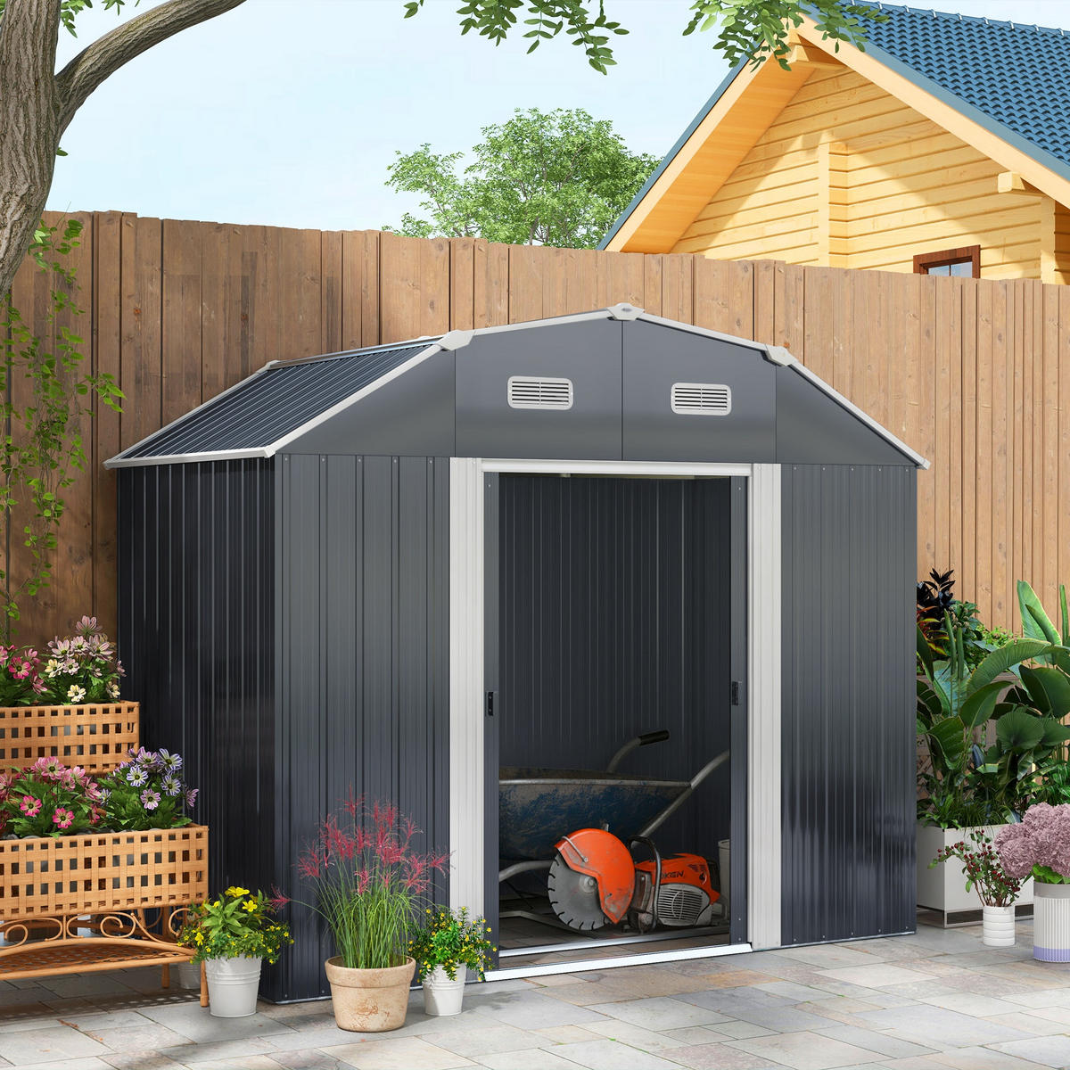 GERÄTEHAUS aus Stahl, 2,7 m² Geräteschuppen mit UV-Schutz, Gartenschrank, Dunkelgrau - Dunkelgrau, Metall (132/198.5/238cm) - Outsunny