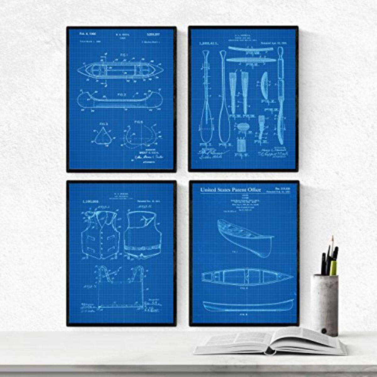 POSTER Set mit 4 Blau KAYAK Patenten A4 Rahmenlos - Klar, Papier (29.7/3cm) - Nacnic