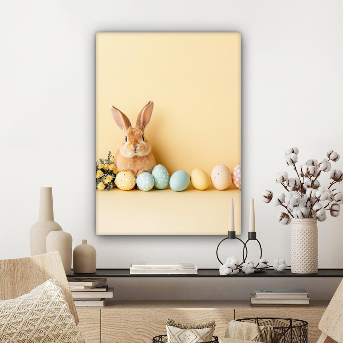 LEINWANDBILD Eier - Kaninchen - Pastellfarbtöne Wandbild Wohnzimmer 60x80 cm - Hellgelb, Textil (60/80cm) - MuchoWow