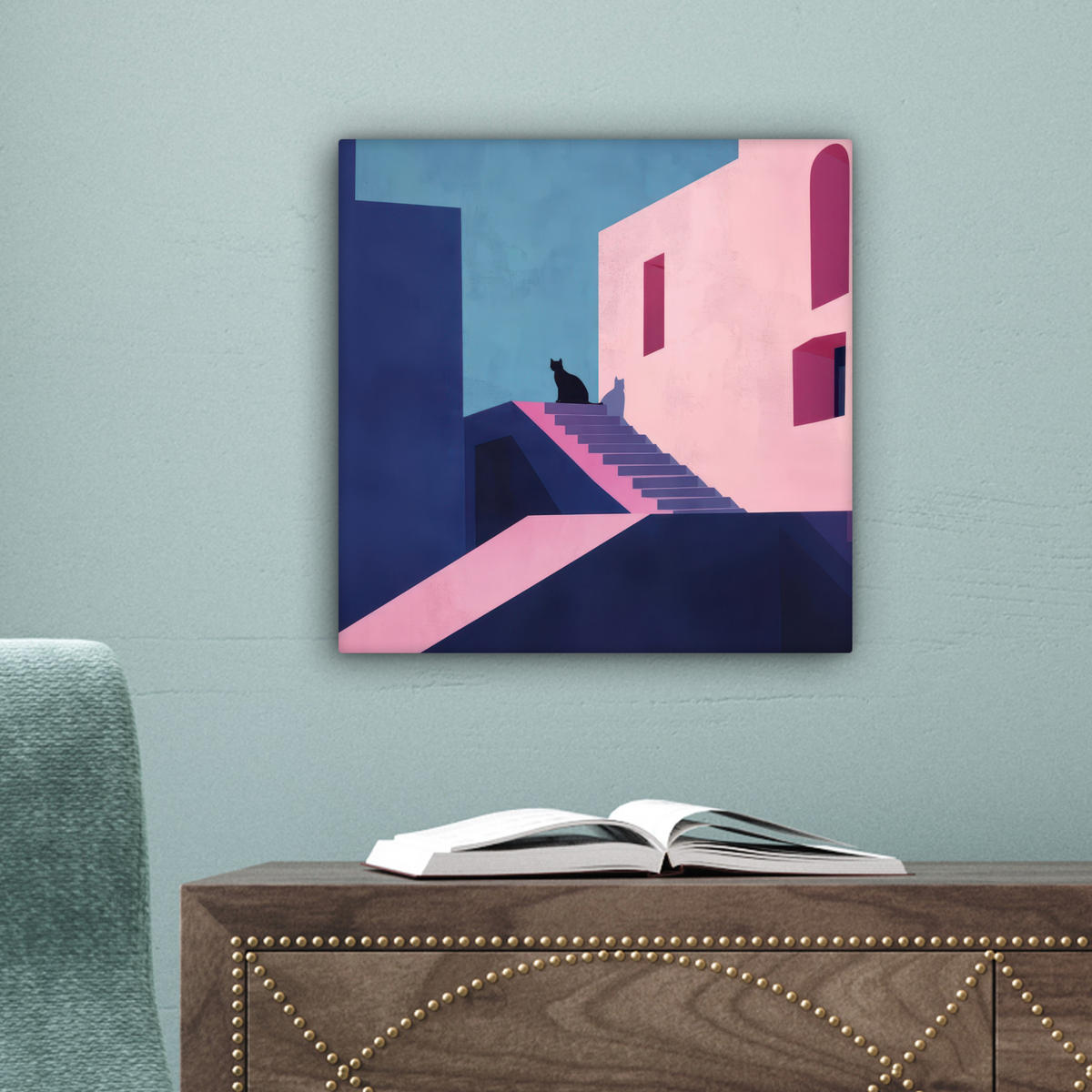 LEINWANDBILD Katze - Treppe - Gebäude - Schattenkontraste Deko Wohnzimmer 20x20 cm - Dunkelblau, Textil (20/20cm) - MuchoWow