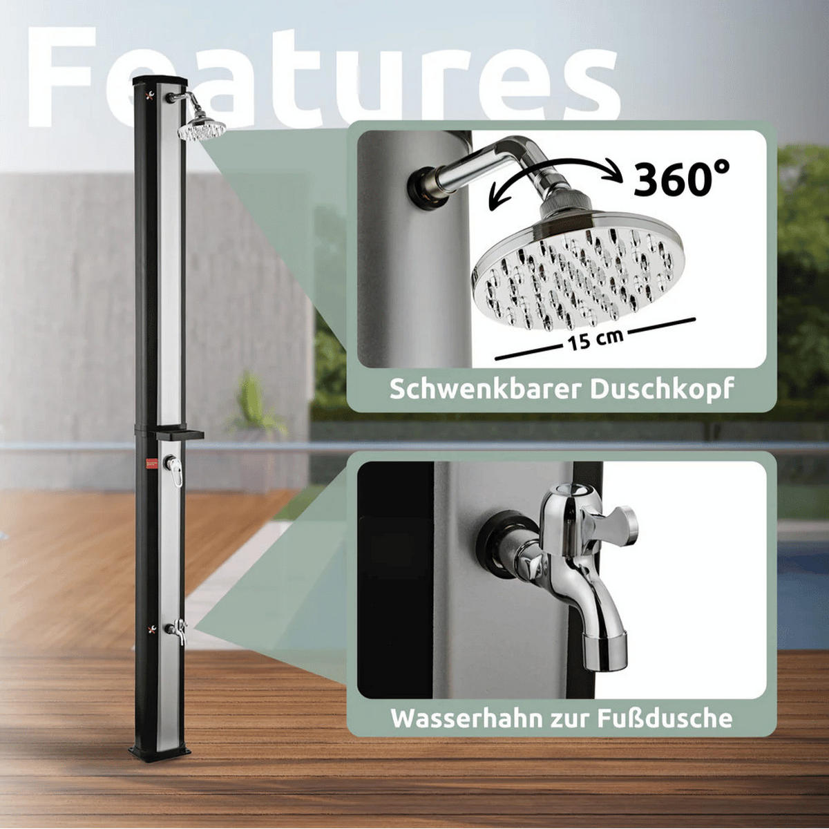 SOLARDUSCHE Outdoor 40 Liter Solar Gartendusche - Schwarz, Kunststoff (19/225/19cm) - DELUKE