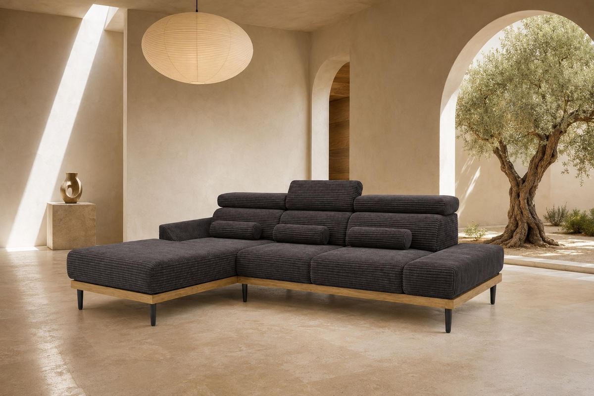 ECKSOFA MONTERO links, grau, elektr. Sitztiefe & Kopfstützen - Schwarz/Grau, Textil/Metall (316/205cm) - KS Home Concept