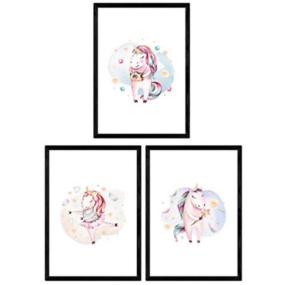 POSTER Set Mit 3 Kinder Tiere Einhorn A3 Schwarzer Rahmen - Schwarz, Papier (29.7/5/42cm) - Nacnic