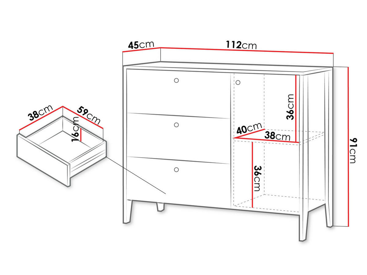KOMBIKOMMODE Snugly 1D3S SU03 - Eichefarben/Goldfarben, Holz/Holzwerkstoff (112/91/45cm) - MIRJAN24
