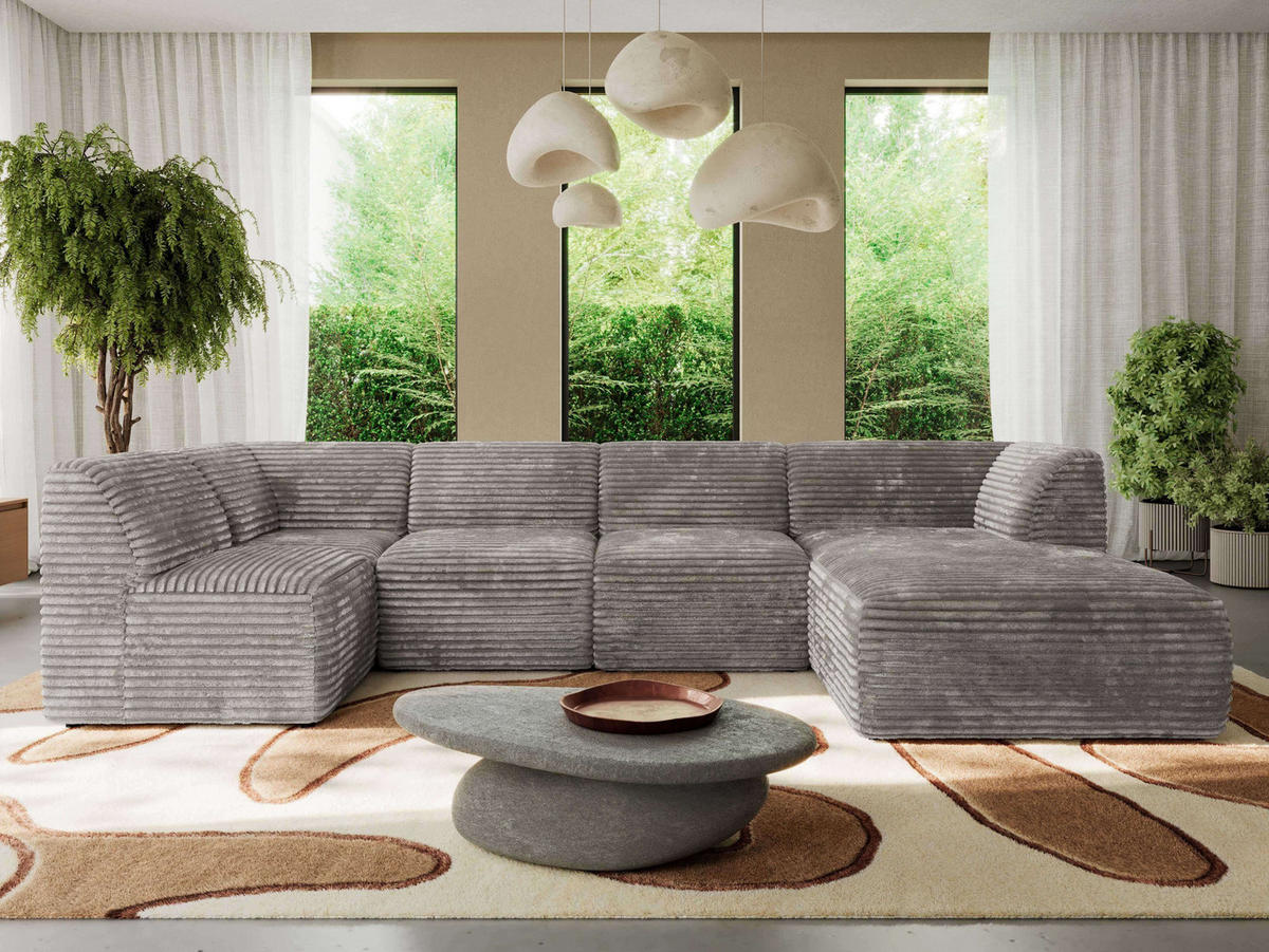 WOHNLANDSCHAFT MODARO U 6M - Hellbraun Cord - Rechts - Hellbraun/Schwarz, Textil (345/78/180cm) - MKS