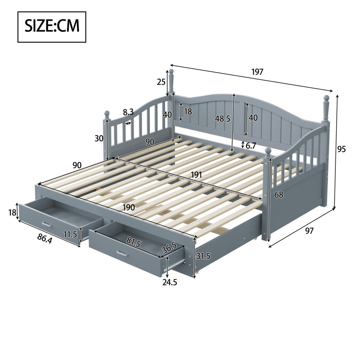 SCHLAFSOFA 90/190 cm ausziehbar mit 2 Schubladen und Lattenrost, Grau - Grau, Holzwerkstoff (97/95/197cm) - Redom