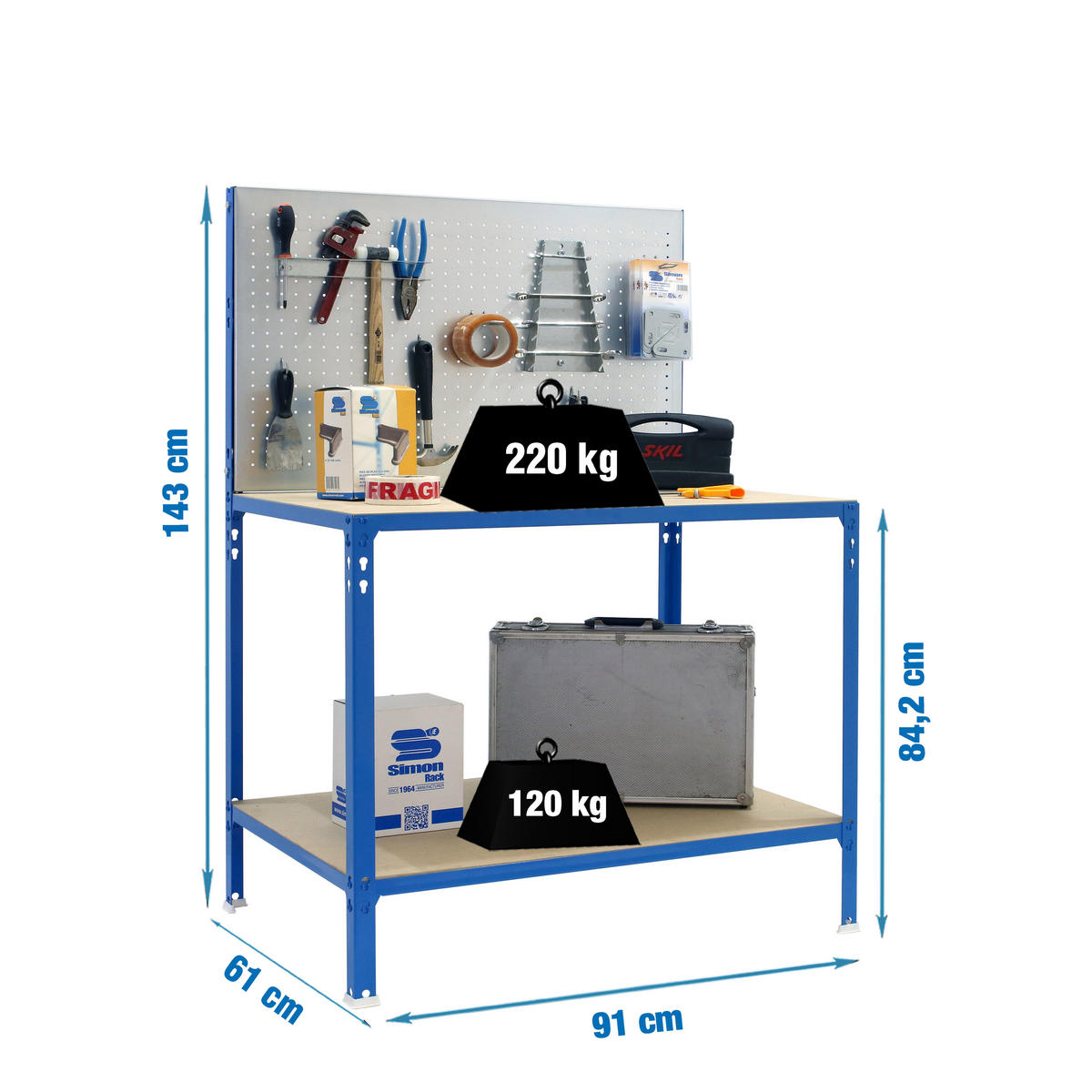 WERKBANK BUFALLO LIGHT mit Lochwand & 2 Ebenen | HxBxT 144,5x90x60cm | Traglast 220kg | Blau/Verzinkt - Blau, Metall (90/144.5/60cm) - PROREGAL