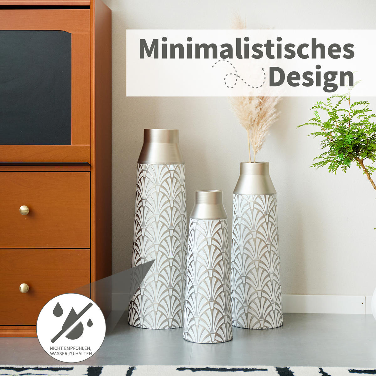 BODENVASE 3-tlg 43,5-61cm Metallbodenvasen Weiß-Silber Fächer-Muster Für Wohnzimmer - Silberfarben, Metall (66.54cm) - Raelunyi