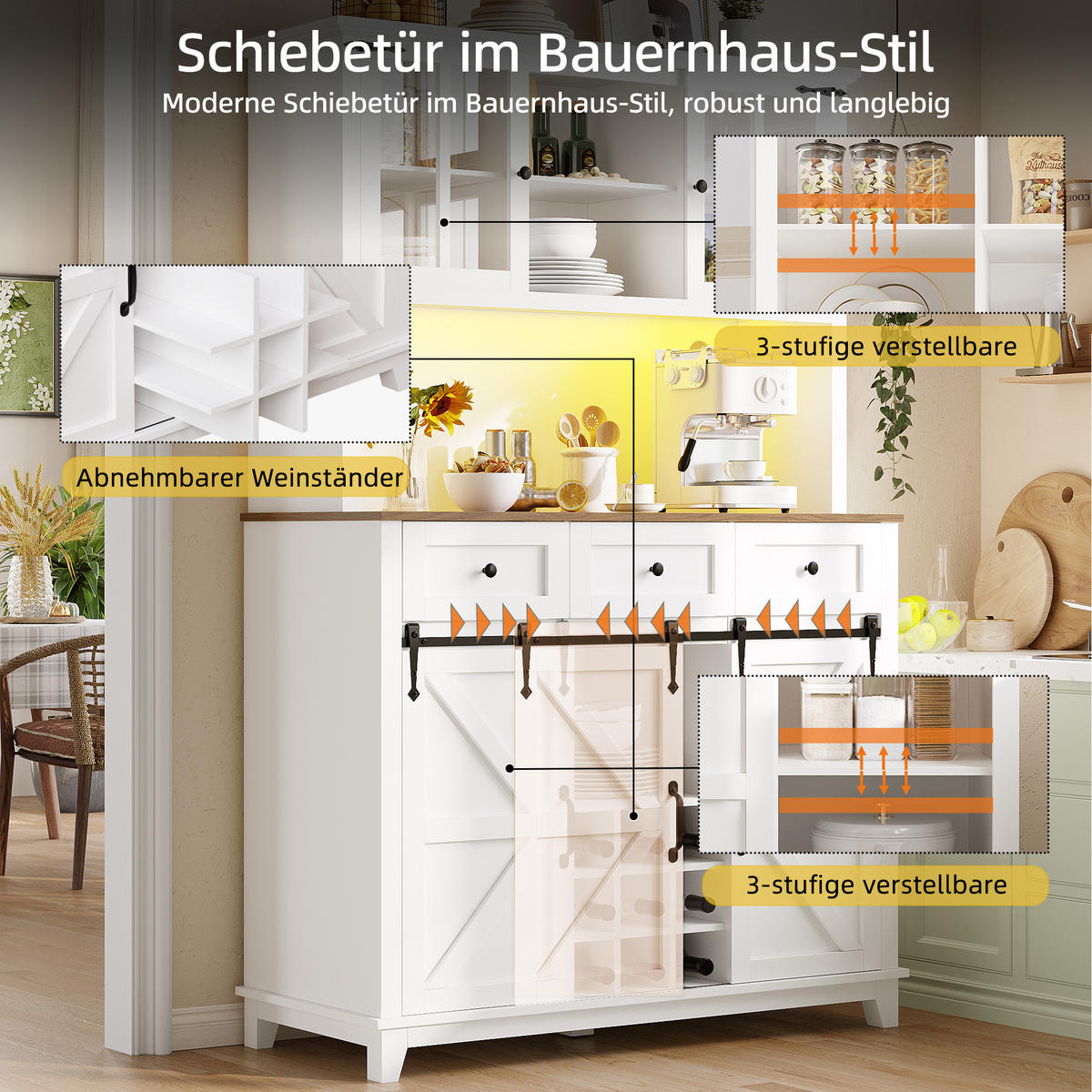 BUFFET 105/38,4/180 cm Weiß aus MDF mit LED - Weiß, Holzwerkstoff (105/180/38.4cm) - OKWISH