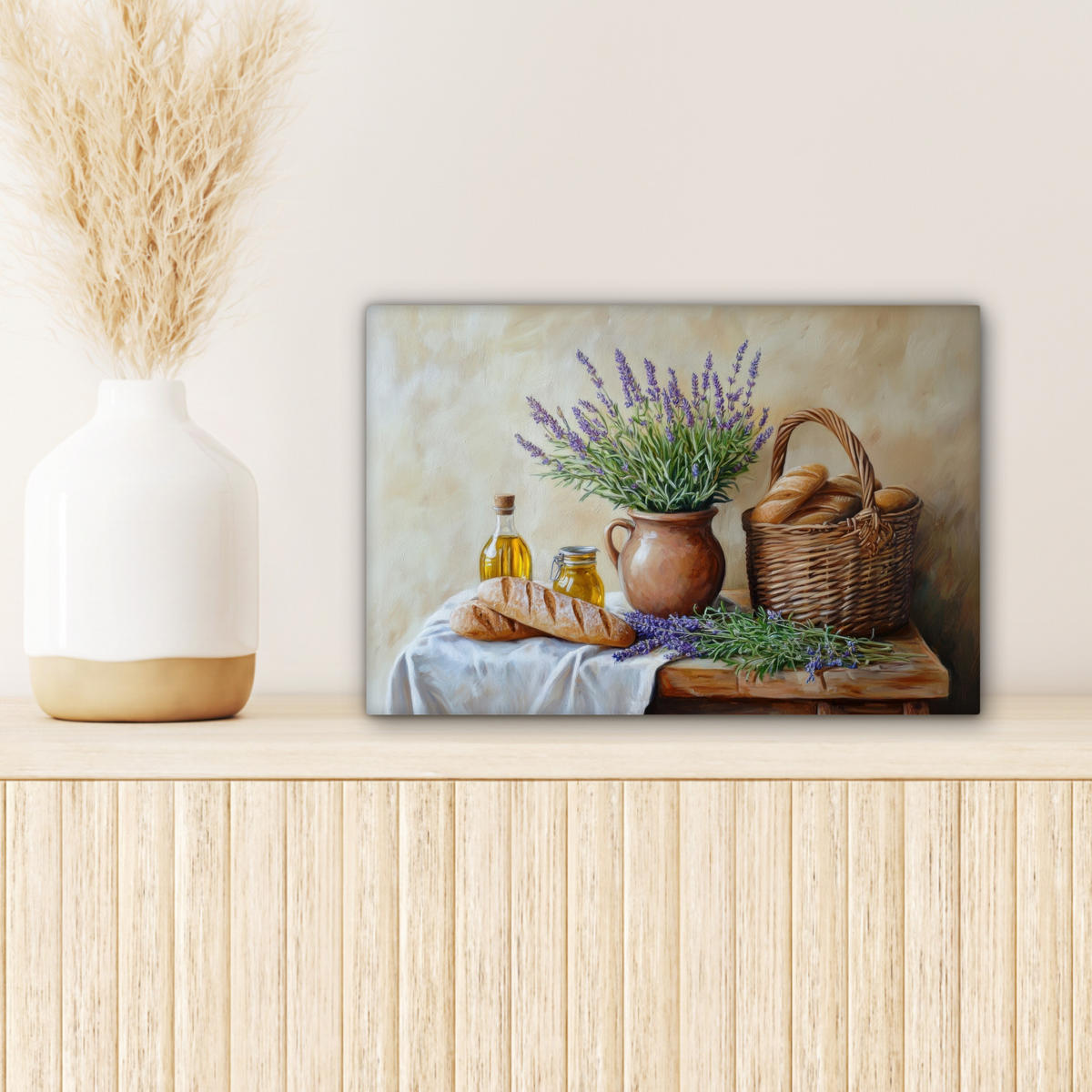 LEINWANDBILD Lavendel - Brot - Stilleben 30x20 cm - Flieder, Textil (30/20cm) - MuchoWow