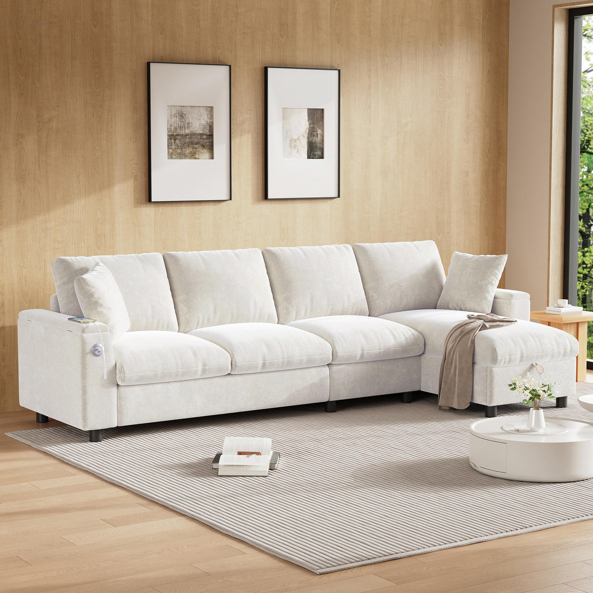SOFA Beige L-Form Chenille Stauraum USB ausziehbar Tisch - Beige, Textil (137/84/280cm) - FLIEKS