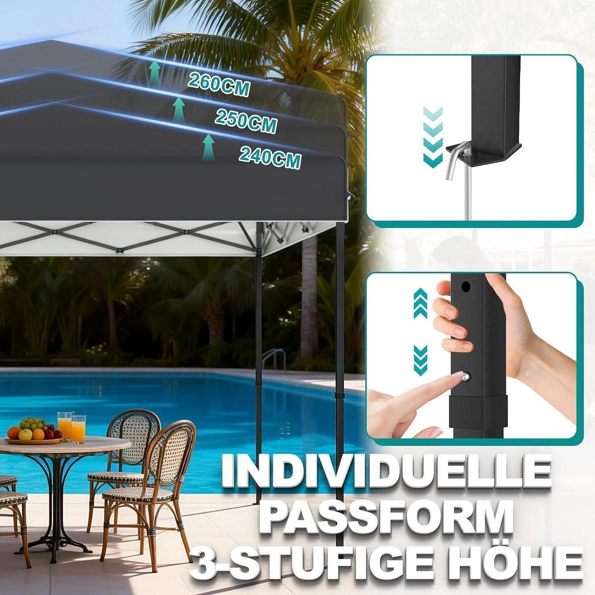 FALTPAVILLON 3 x 3 m Anthrazit mit One-Touch Lift - Anthrazit, Textil (300/260/300cm)