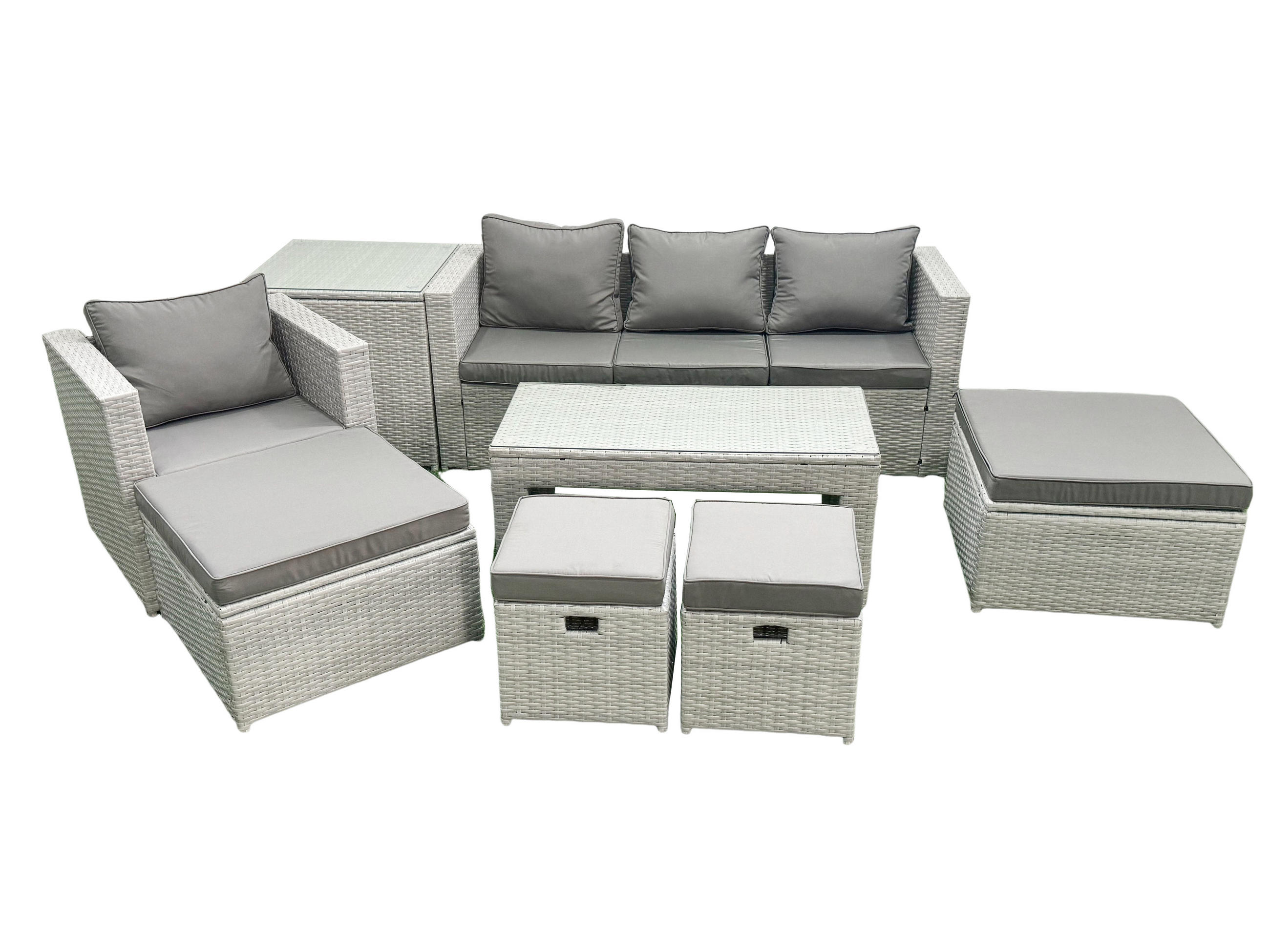 BALKONMÖBEL-SET Polyrattan Hellgrau-Mix 8-teilig - Hellgrau/Grau, Glas/Kunststoff - Fimous