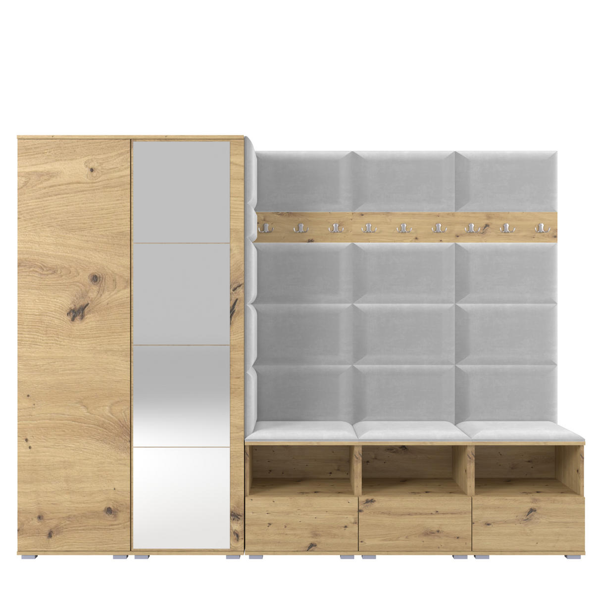 GARDEROBE NELA VII 250 cm (Modulare Flurmöbel XL Artisan Eiche mit Spiegel & Sitzpolster Hellgrau 32 Universell) - Silberfarben/Hellgrau, Holz/Holzwerkstoff (250/187/40cm) - Ravio
