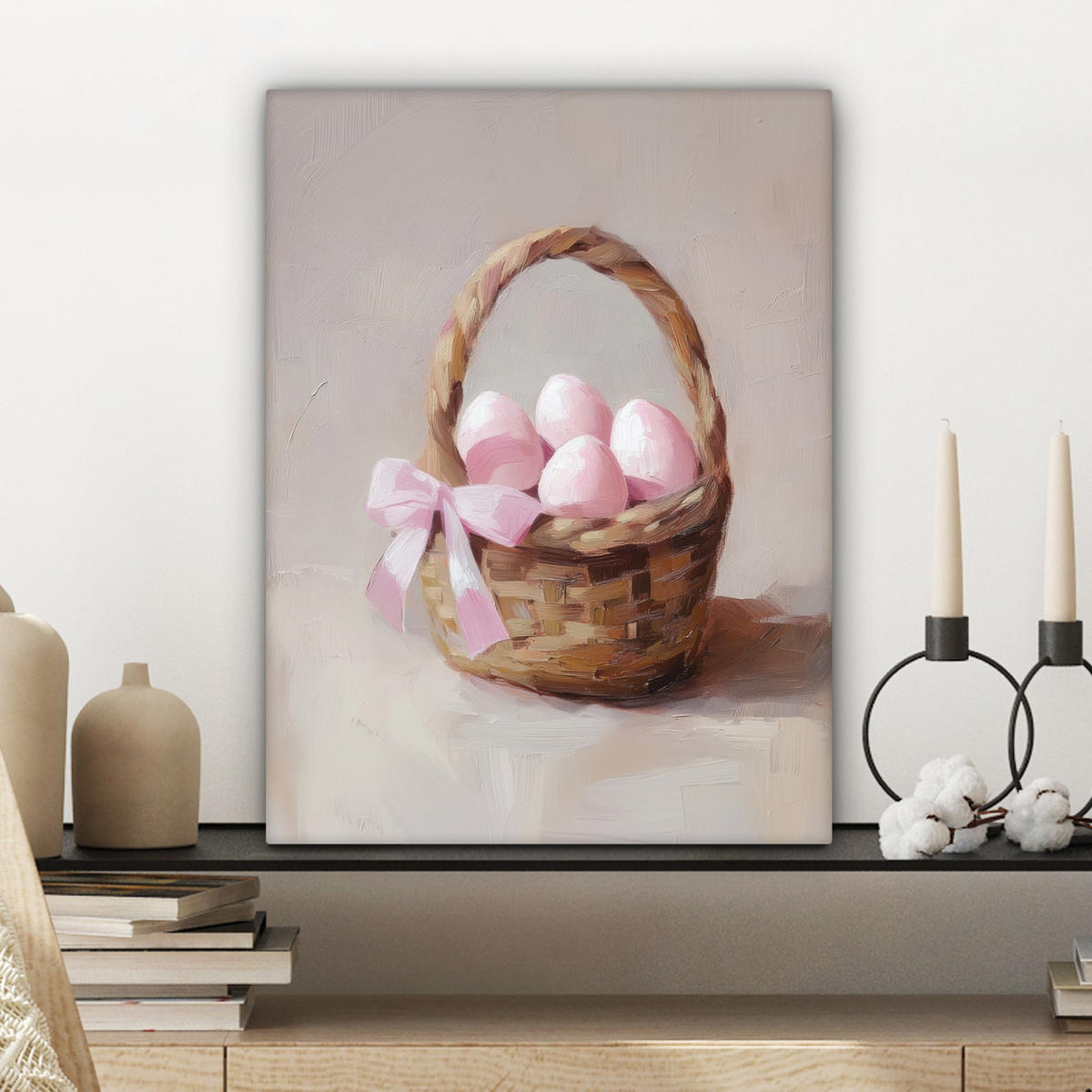 LEINWANDBILD Korb - Eier - Rosa Room Decor 30x40 cm - Beige, Textil (30/40cm) - MuchoWow