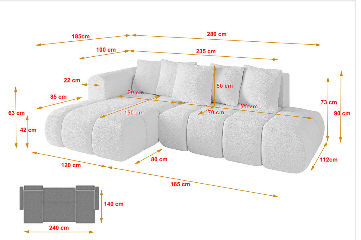 ECKSOFA Ottomane Links CLOUD-L-v1 280x185x90 Weiß Bouclé - Weiß, Holzwerkstoff/Kunststoff (180/289cm) - ALTDECOR