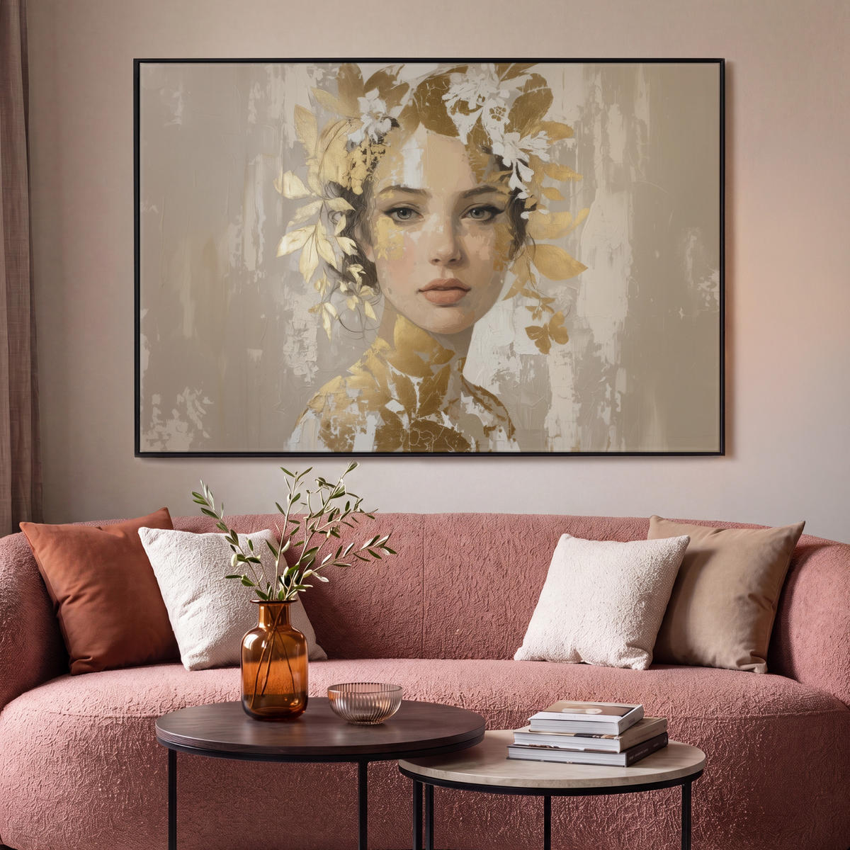 LEINWAND Bilder mit Rahmen - Gesicht - Frau - Blätter - Gold - 150x100 - Beige, Textil (150/100cm) - MuchoWow