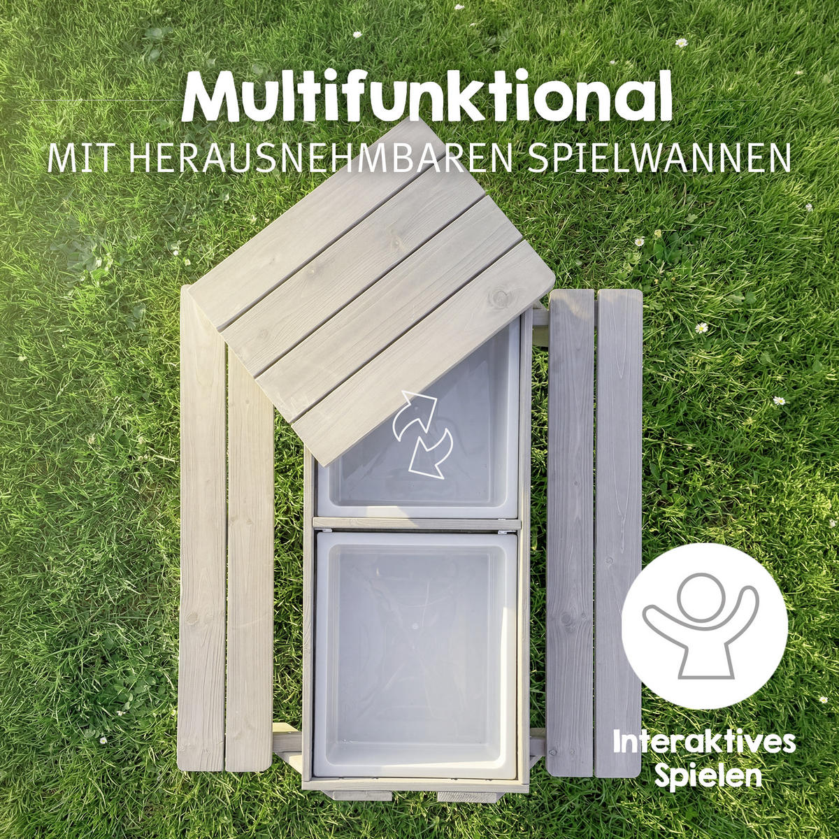 KINDERSITZGARNITUR OUTDOOR + mit Spielwannen und Bankkissen - Hellgrau, Holz - Roba