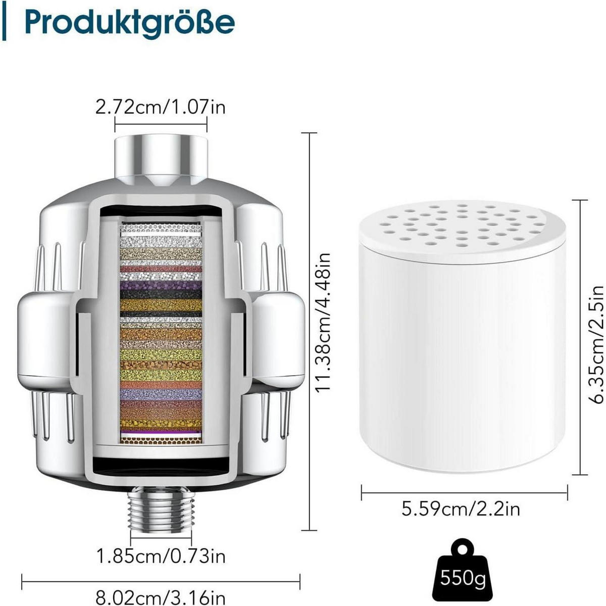DUSCHFILTER 36-Schicht-System mit 2 Ersatzfilter Chromglänzend Silber - Multicolor, Metall (1/1/1cm)
