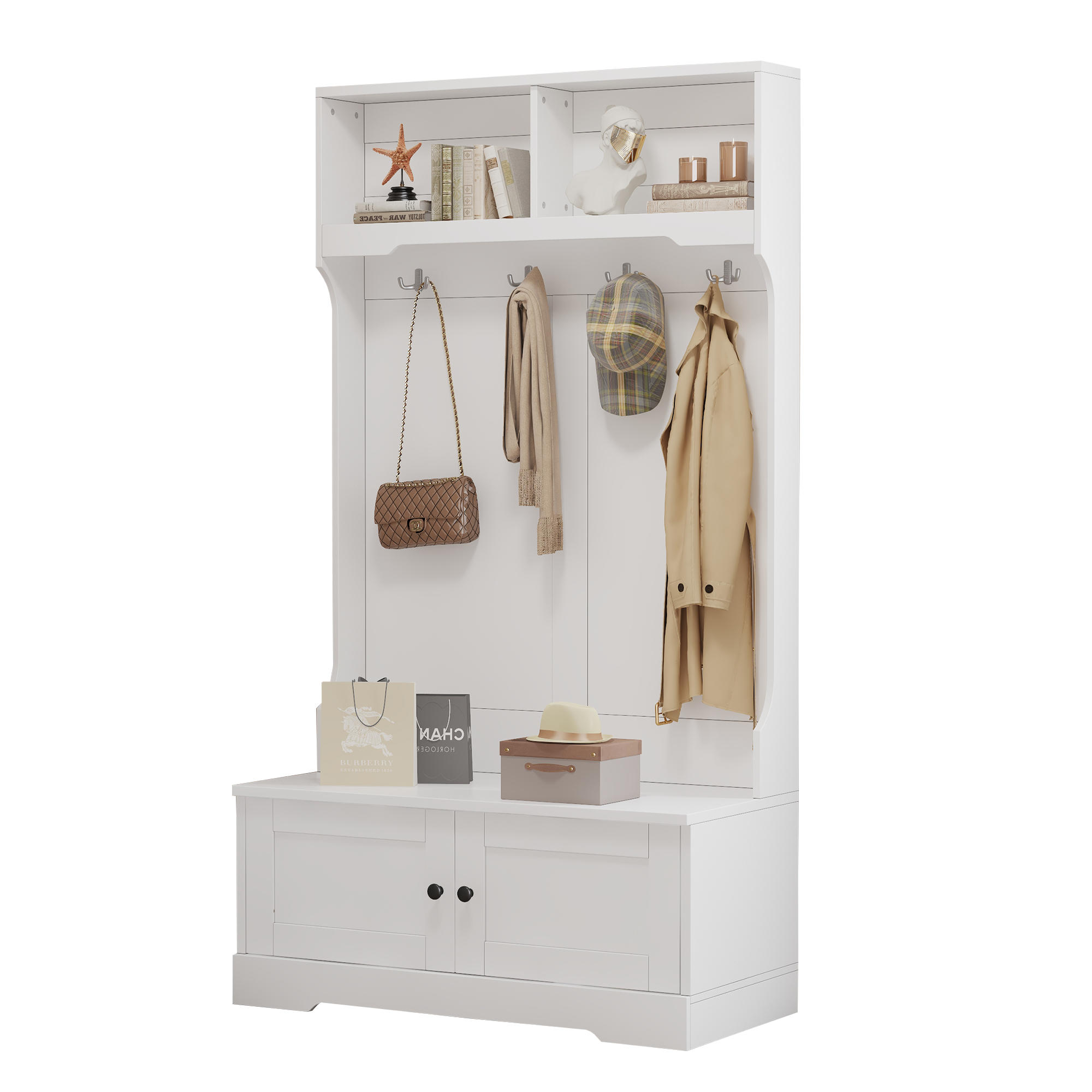 GARDEROBE, 4 Haken, Stauraum, 2 Fächer, Weiß - Weiß, Holzwerkstoff (47/183/101.5cm) - FLIEKS