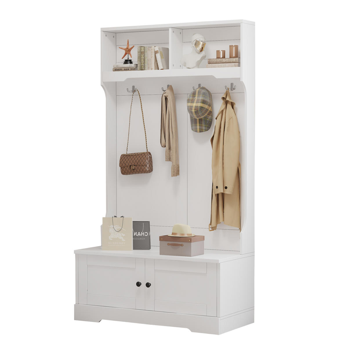 GARDEROBE, 4 Haken, Stauraum, 2 Fächer, Weiß - Weiß, Holzwerkstoff (47/183/101.5cm) - FLIEKS