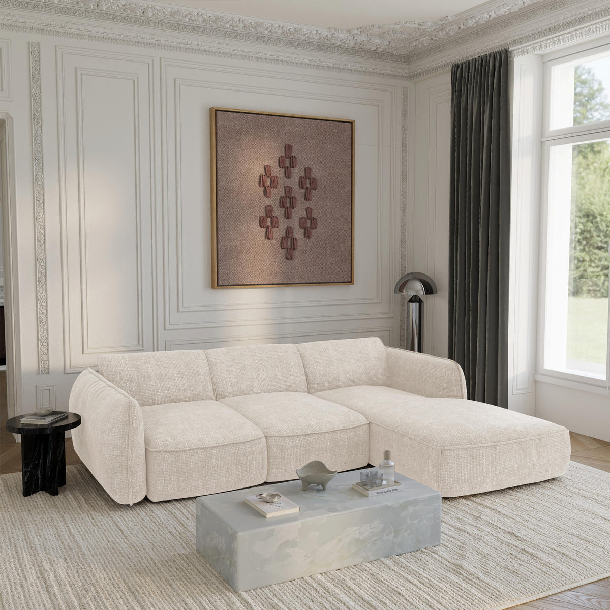 ECKSCHLAFSOFA Rastervelours 274cm - Creme, Textil (274/174cm) - Sia Home