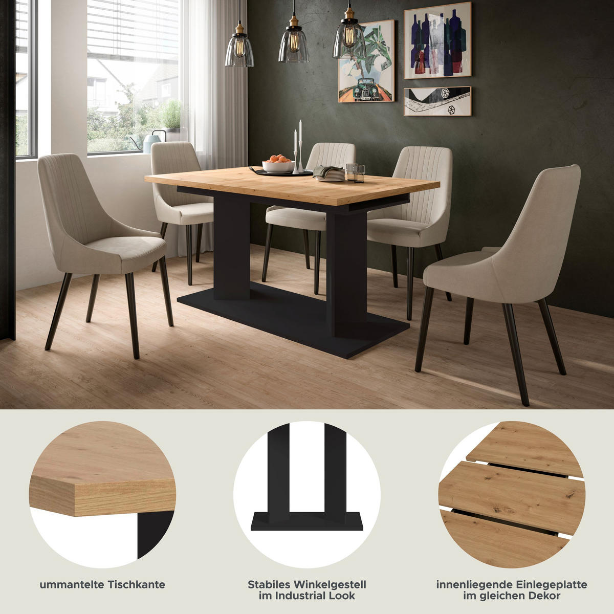 ESSTISCH GUSTAV (B/H/T: ca. 220/76/100 cm) in schwarz/Artisan Eiche Nachbildung - Schwarz, Holzwerkstoff (100/220/76cm)