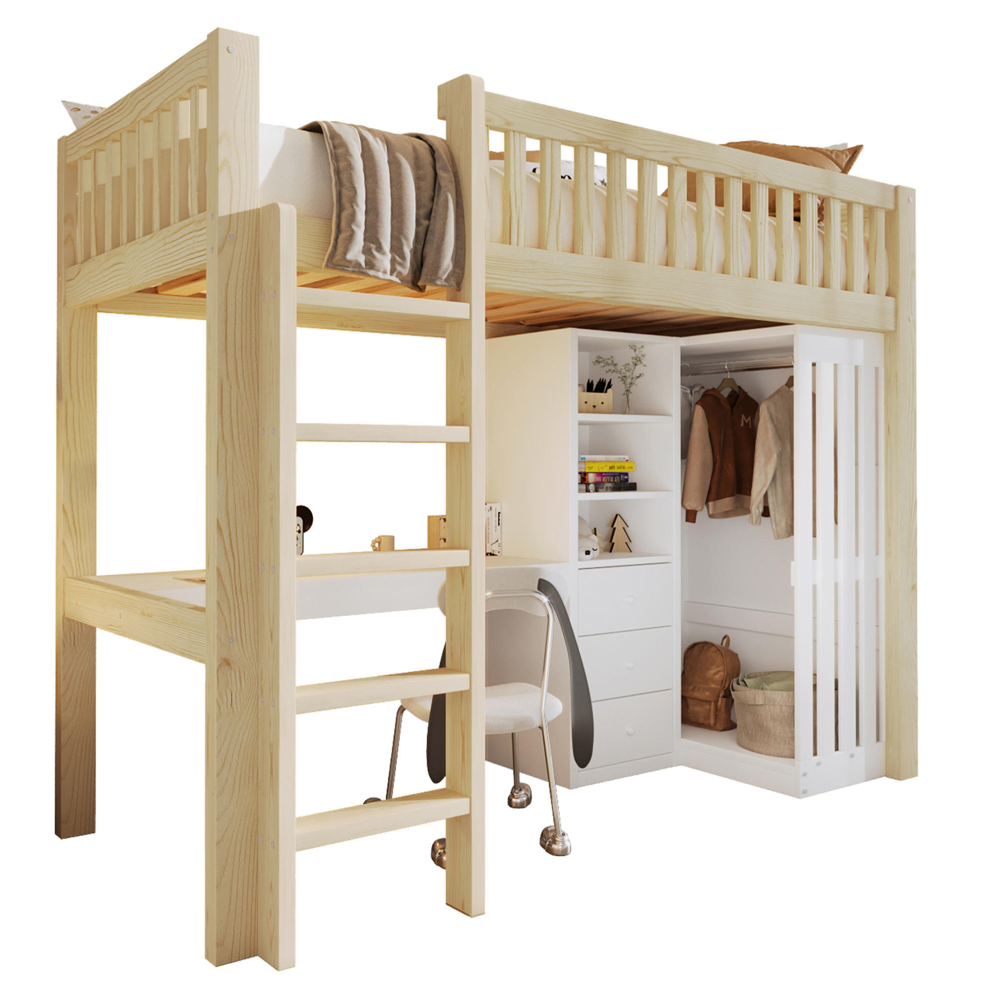 HOCHBETT 90/200 cm Natur mit Schreibtisch, Kleiderschrank und 3 Schubladen - Naturfarben, Holz (90/200cm) - Flora Grace