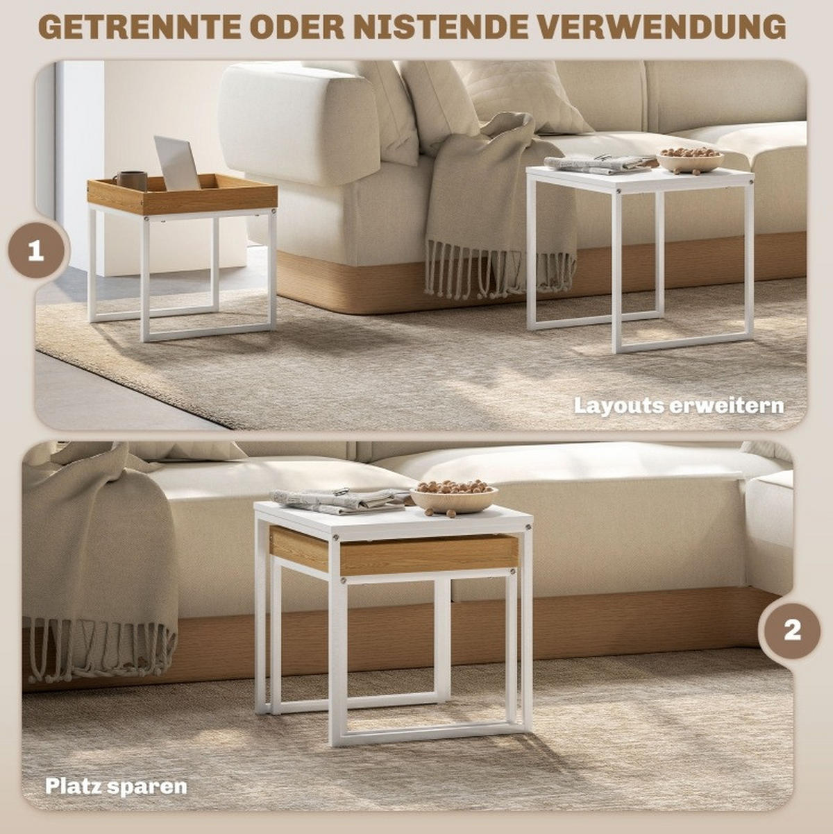 COUCHTISCH-SET 45/45/45 cm & 40/40/40 cm ineinanderstellbar mit abnehmbarem Tablett und Stahlgestell, Weiß - Weiß, Metall (45/45/45cm) - Modfu