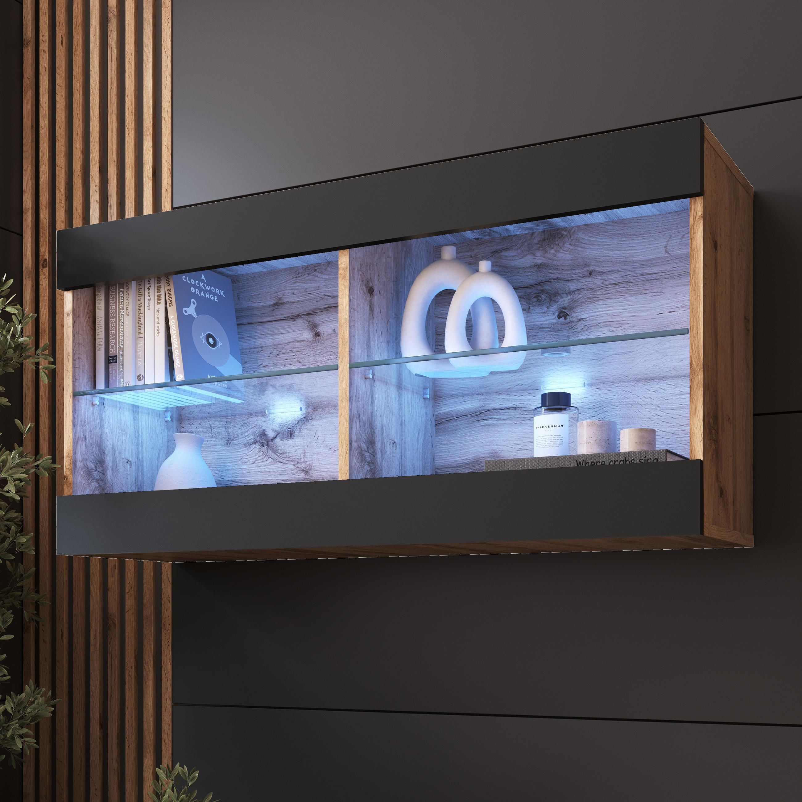 HÄNGEVITRINE TIVOLI HORIZONTAL 100, Schwarz, LED Blau - Eiche Wotan/Schwarz, Glas/Holzwerkstoff (100/50/29.5cm) - Komodee