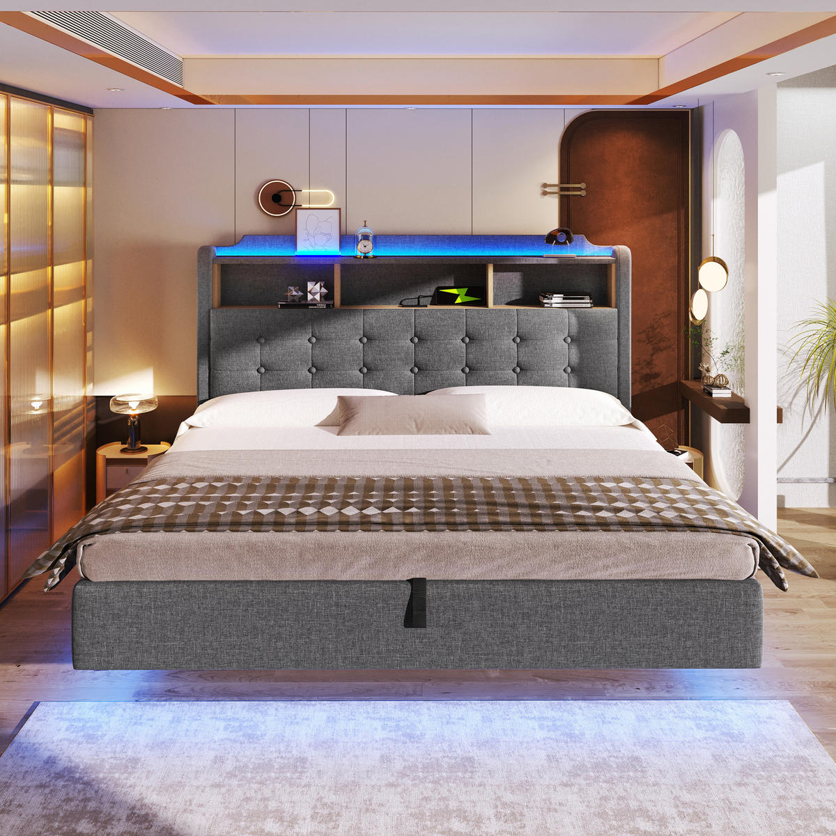 POLSTERBETT 180/200 cm in Grau mit Stauraum, LED, USB- und Type-C-Anschlüssen, Leinenbezug und schwebendem Design - Grau, Holzwerkstoff/Textil (180/200cm) - STILVORA