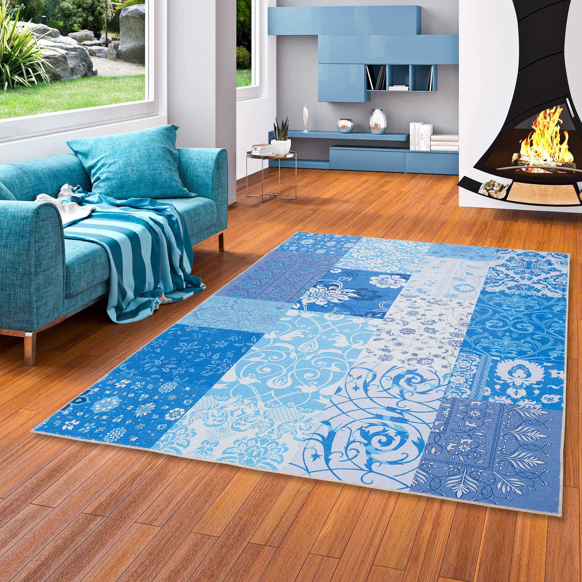 LUXUS VINTAGE DESIGNERTEPPICH PATCHWORK - Blau, Textil (68/220cm) - Pergamon