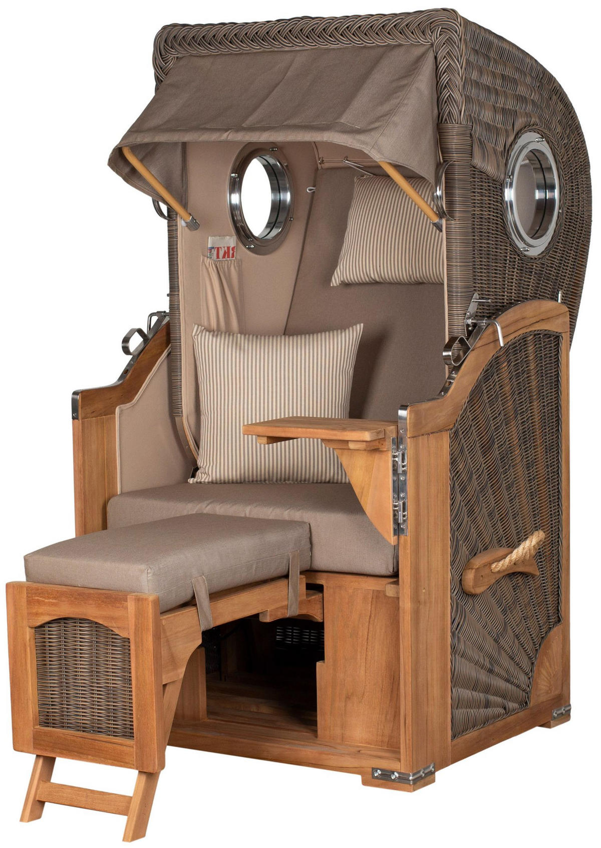 STRANDKORB Komplettset: Ammersee Single Teak Bullauge - PE grau - Modell 534 - Beige/Braun, Holz/Kunststoff (96/165/80cm) - bene living