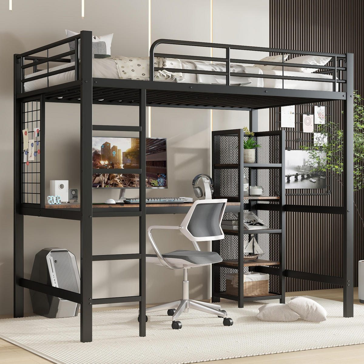 HOCHBETT 90/200 cm aus Metall und MDF mit Schreibtisch, 5-stufigem Regalschrank und Metallgitter, Schwarz/Dunkle Holzfarbe - Schwarz, Holzwerkstoff (90/200cm) - Redom