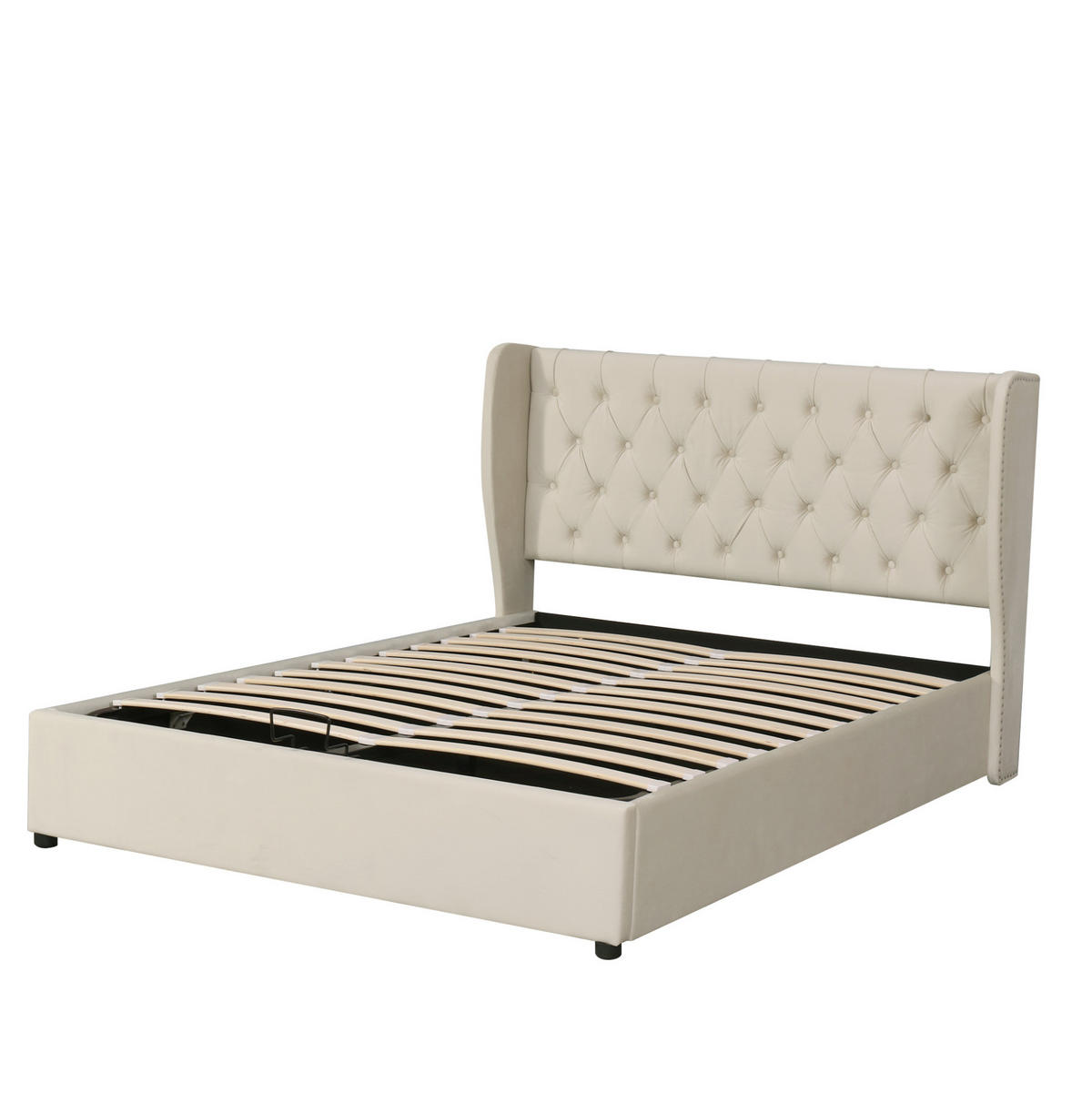POLSTERBETT 140/190 cm mit hydraulischem Bettkasten, Lattenrost und Kopfteil in Ohrenform aus Samt, Beige - Beige, Textil (140/190cm) - Redom