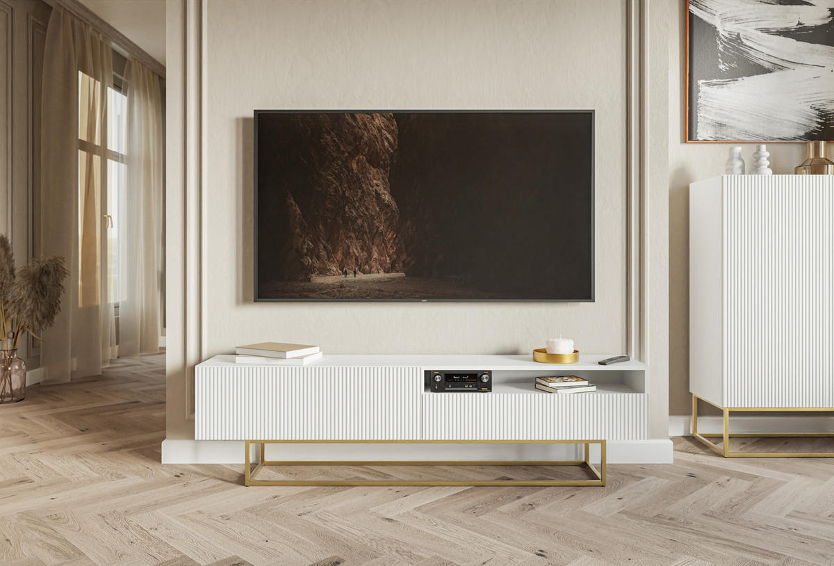 TV-SCHRANK Veldio Weiß mit offenem Fach und goldenen Metallbeinen 175 cm - Goldfarben/Weiß, Holzwerkstoff/Metall (175/46.5/31.6cm) - Selsey