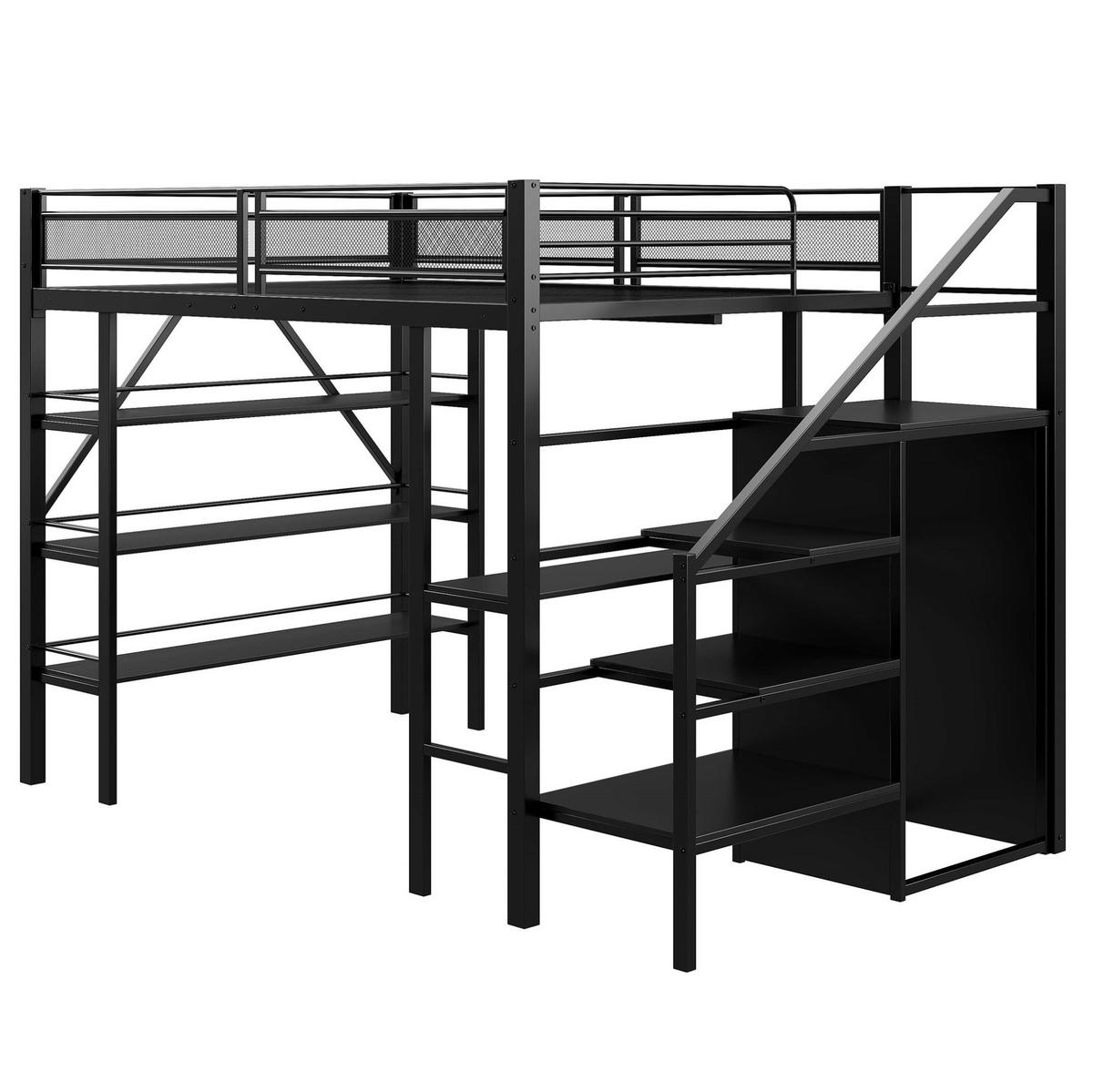 HOCHBETT 140/200 cm mit Schreibtisch, Regal, Kleiderschrank und Sicherheitstreppe, Metall, Schwarz - Schwarz, Metall (140/200cm) - Redom