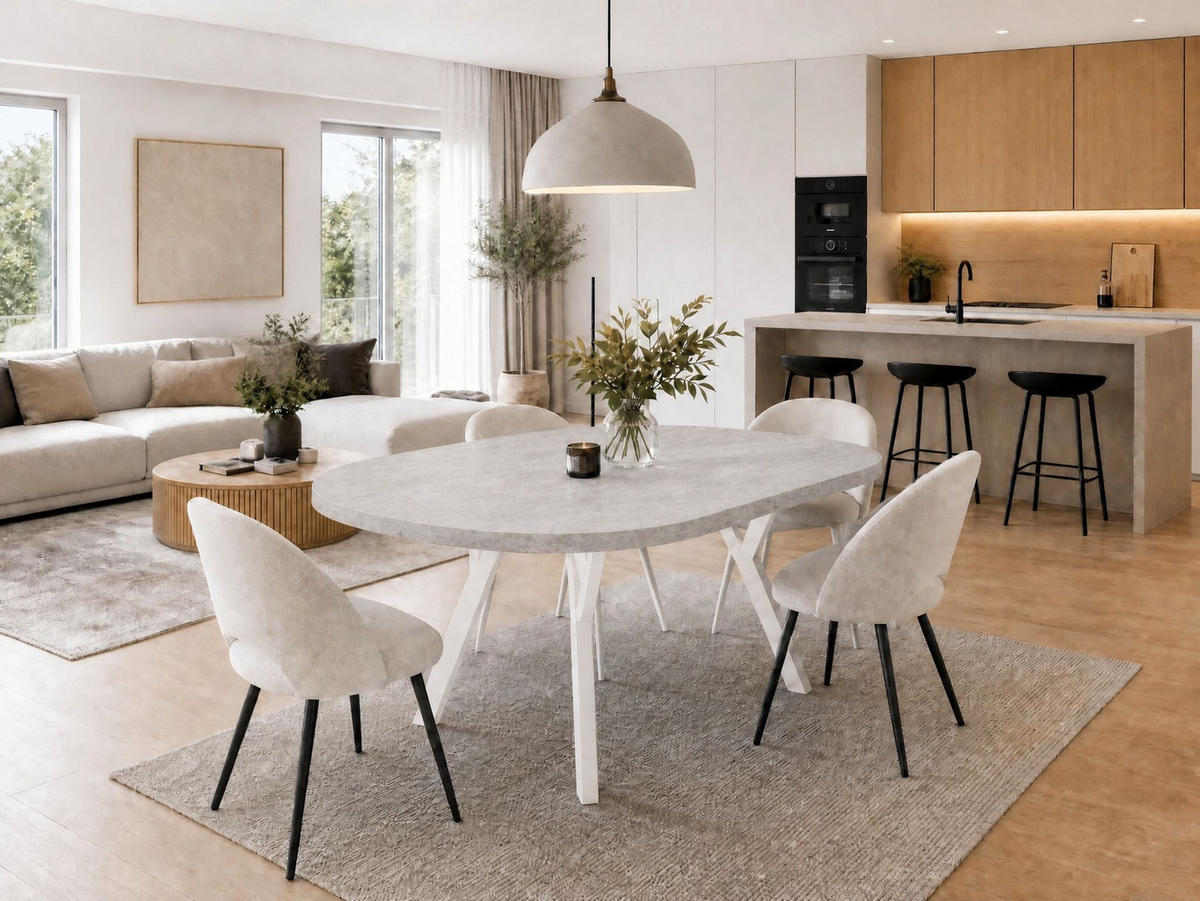 ESSTISCH ausziehbar rund ATO, 100-200 cm, Dekor Beton, weiße Holzbeine - Weiß/Grau, Holzwerkstoff/Buchenholz (100/100/77cm) - VENASI MÖBEL