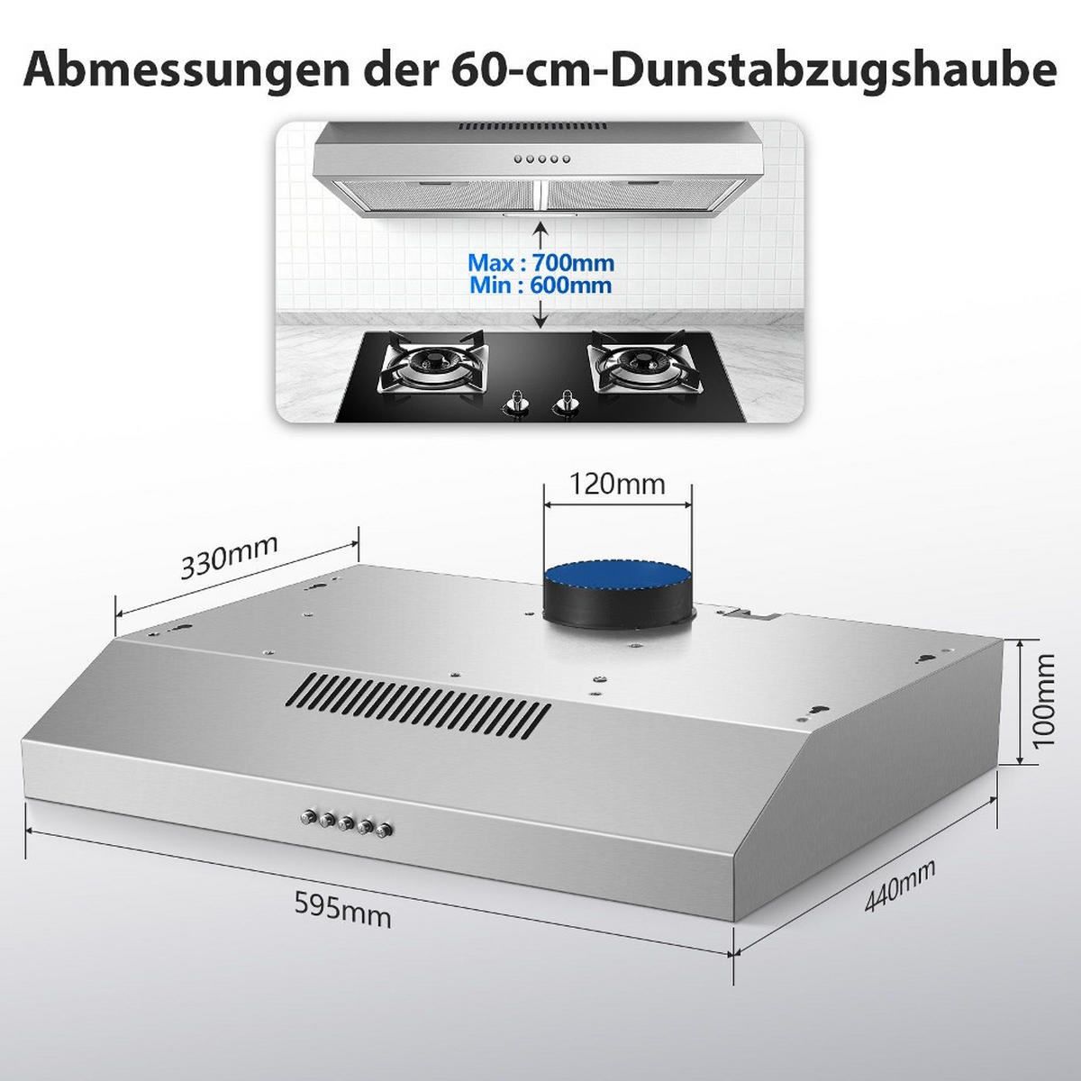 DUNSTABZUGSHAUBE -UNTERBAU-ENERGIEEFFIZIENZKLASSE A+, Edelstahl, 3 Stufen, LED-BELEUCHTUNG, für Küchen, 60/15/50 cm - Silberfarben, Metall (14.02/49/64cm) - Rolipo