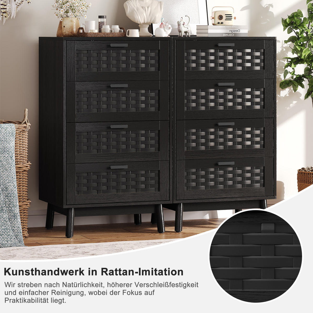 KOMMODE 4 Schubladen, PVC Rattanoptik, 55x40x95 cm, Holzfüße, Anti-Kipp, schwarz - Schwarz, Holz (55/95/39.8cm) - EuroLiving