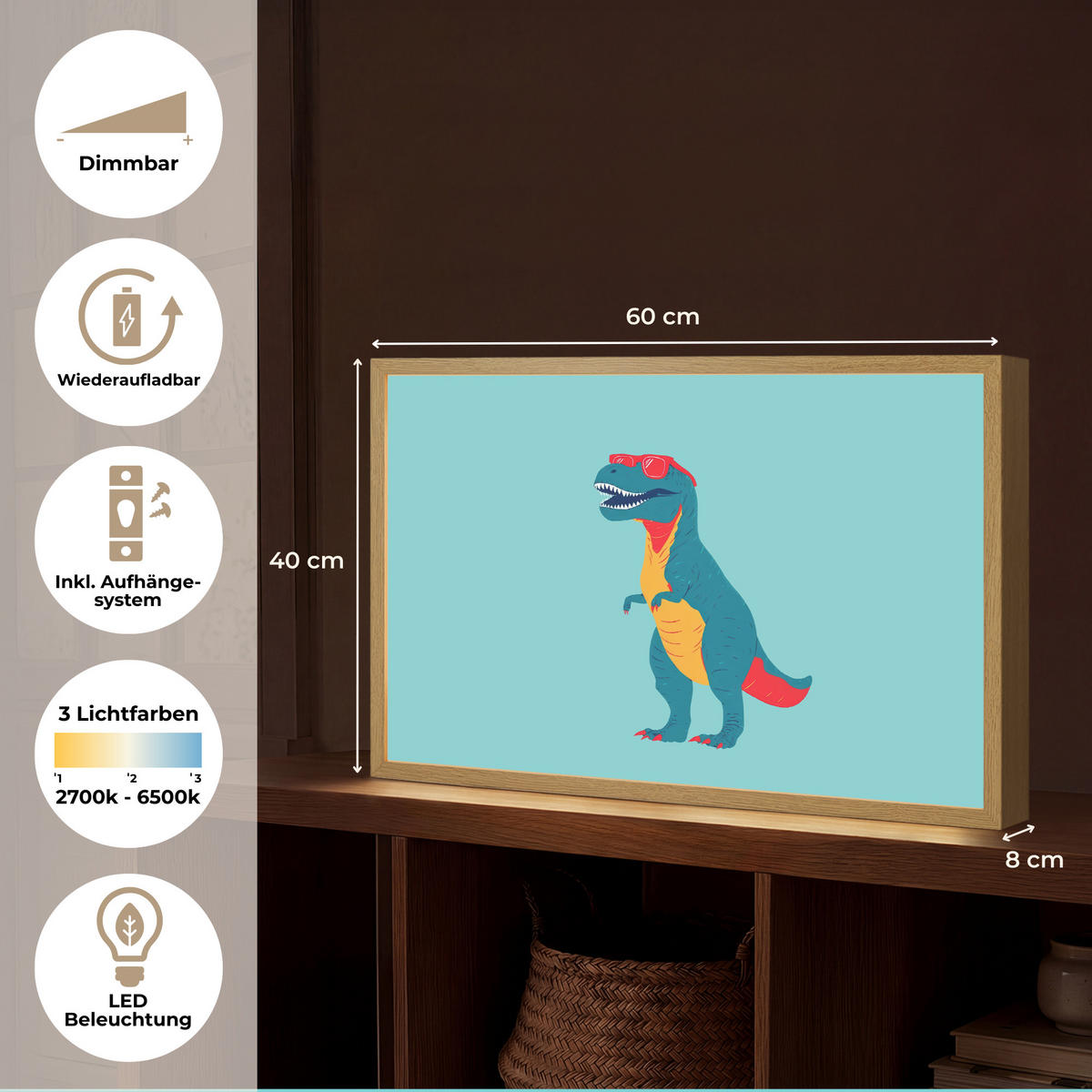 NACHTTISCHLAMPE MIT AKKU Dinosaurier - Blau - Sonnenbrille 60x40 cm - Hellblau, Holzwerkstoff (8/60/40cm) - OnlyWow