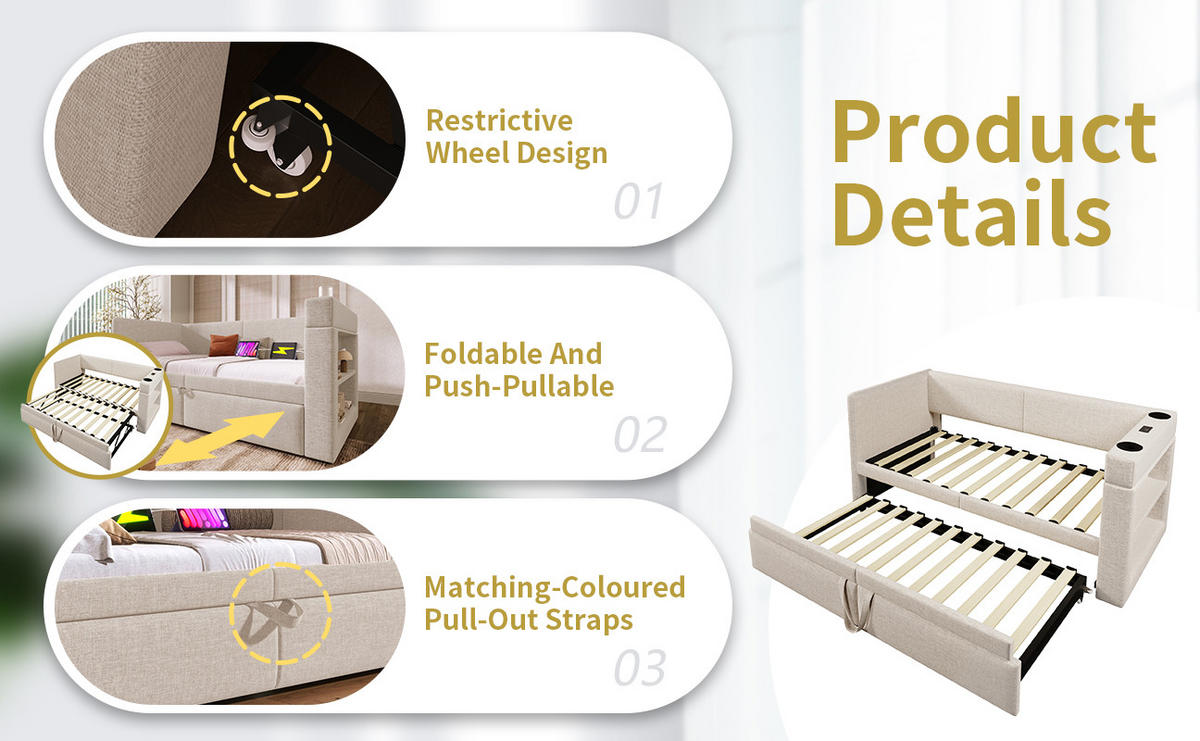 POLSTERBETT 90/200 cm mit Ausziehbett, USB- und Type-C-Anschluss, Getränkehaltern und Baumwoll-Leinen-Bezug, Beige - Grau, Textil (90/200cm) - Redom