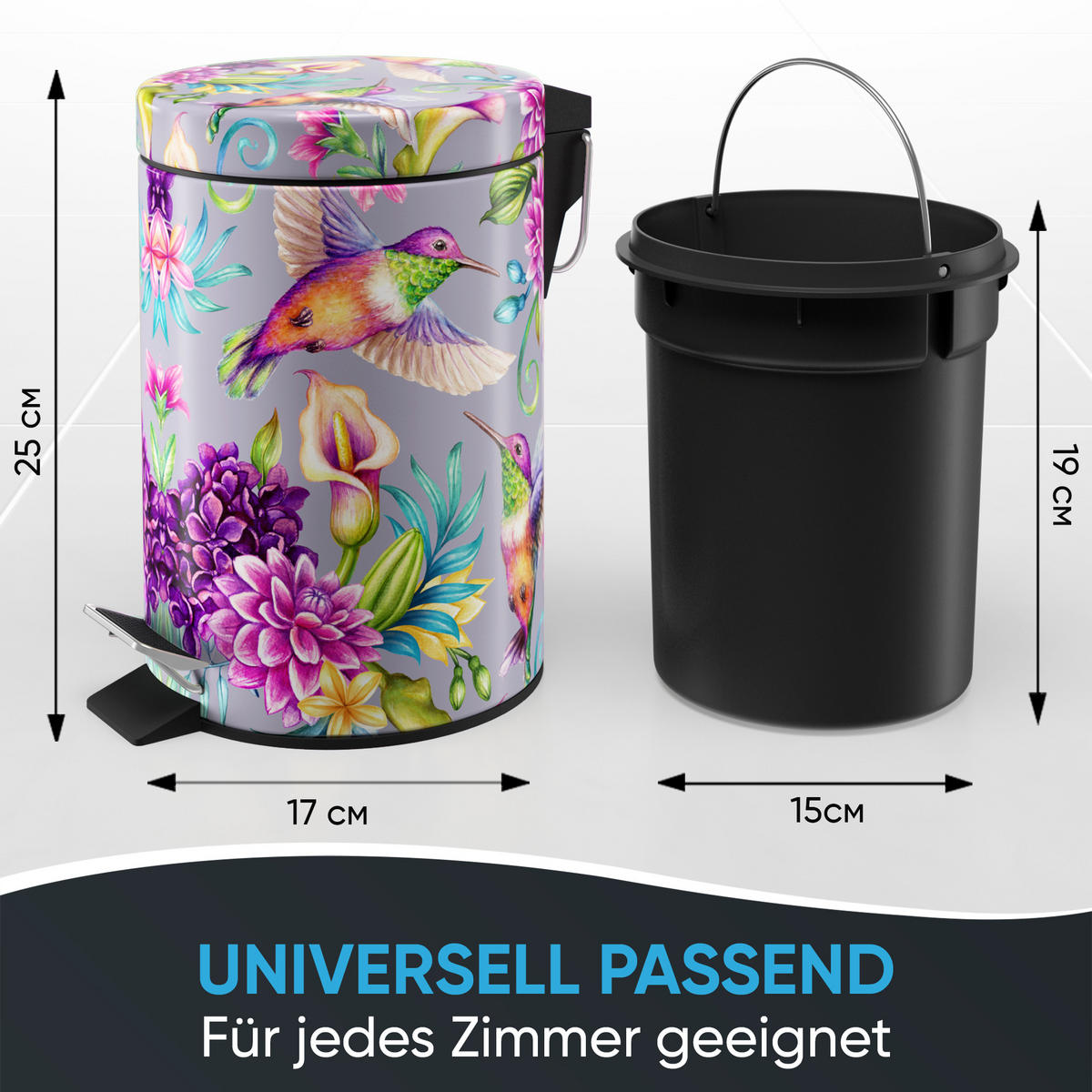 KOSMETIKEIMER Kolibri - Lila/Multicolor, Kunststoff/Metall (17/25/25cm) - Sanilo