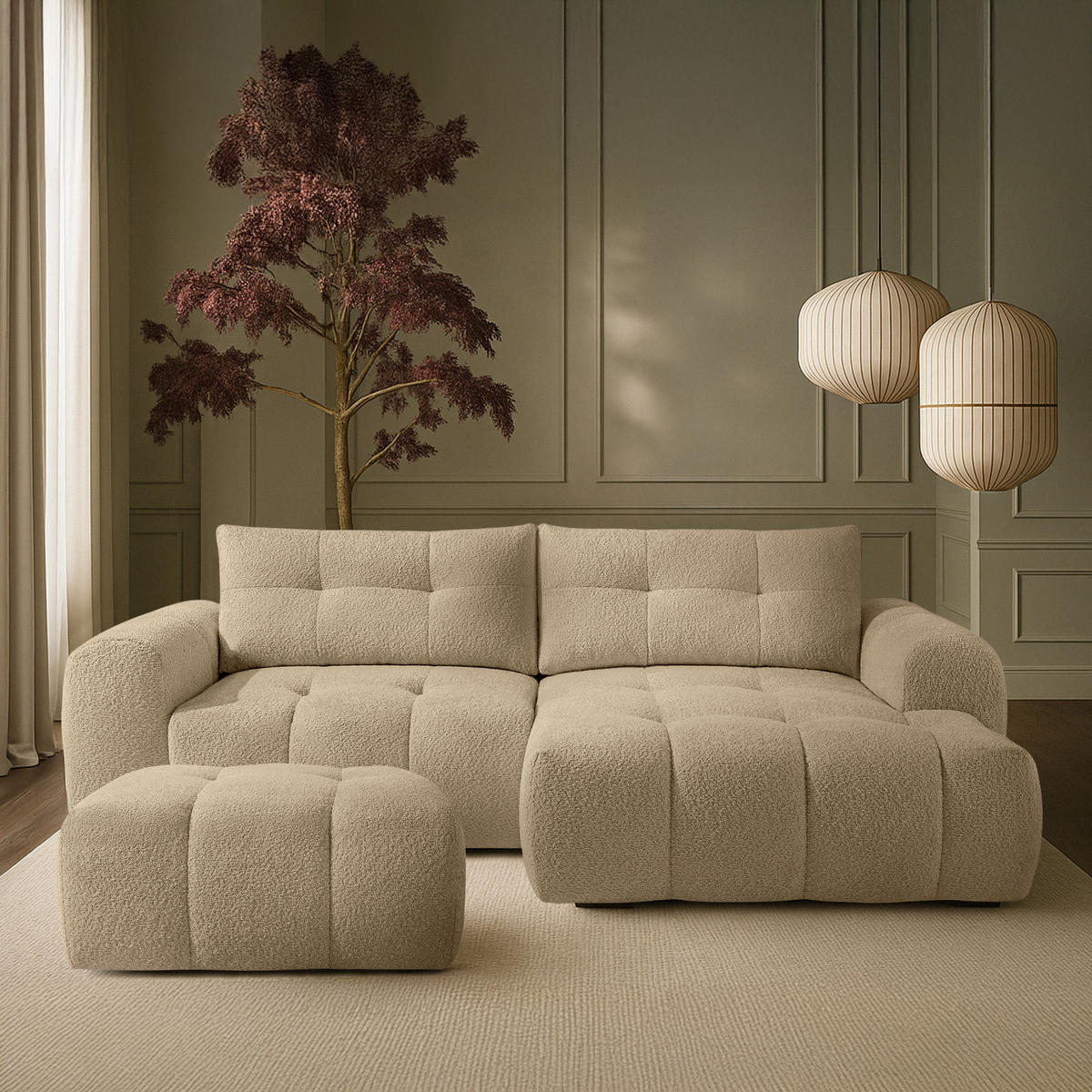 POUF RAVIA, Bouclé, Hellbeige - Beige, Holz/Textil (96/45/50cm) - KONSIMO®