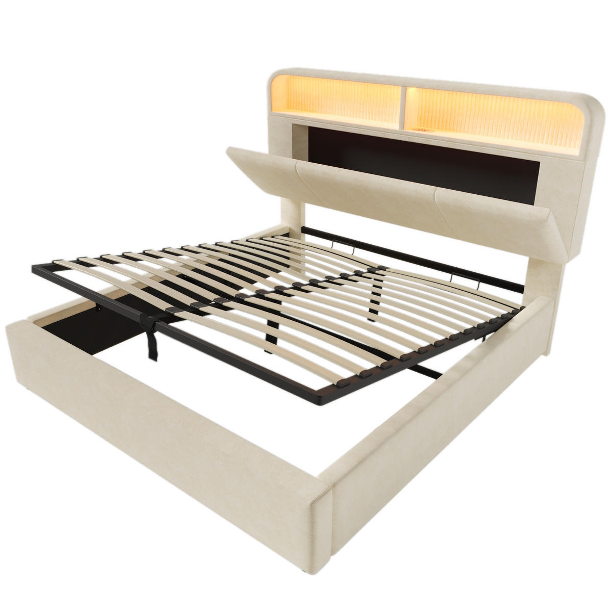 SAMT-POLSTERBETT 140/200 cm mit Bettkasten, LED-Beleuchtung und USB-Ladestation - Beige, Textil (140/200cm) - BEAOK