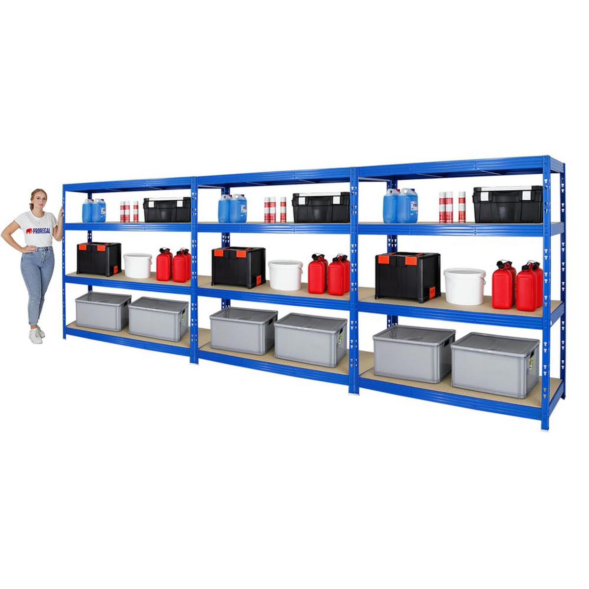 SCHWERLASTREGAL Rhino 3er-Set mit 3x 180x160x60 cm 4 Spanplatten-Ebenen 8mm Fachlast 500 kg Blau - Blau, Metall (480/180/60cm) - PROREGAL